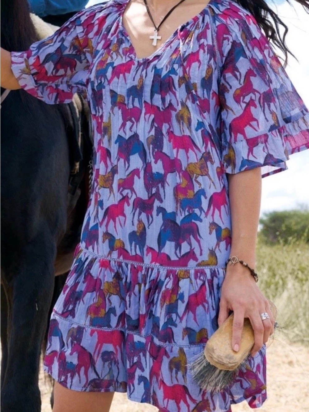 Sundance Aisha Horse Dress Tiered Ruffles NO Lining Size XL Printed